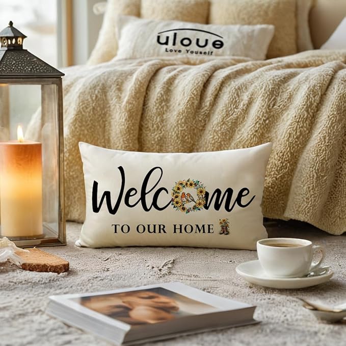 ULOVE LOVE YOURSELF Welcome Throw Pillow Covers 12 x 20 Inch Summer Holiday Decorative Lumbar Pillowcases Farmhouse Sunflowers Birds Cushion Covers for Front Porch Decor