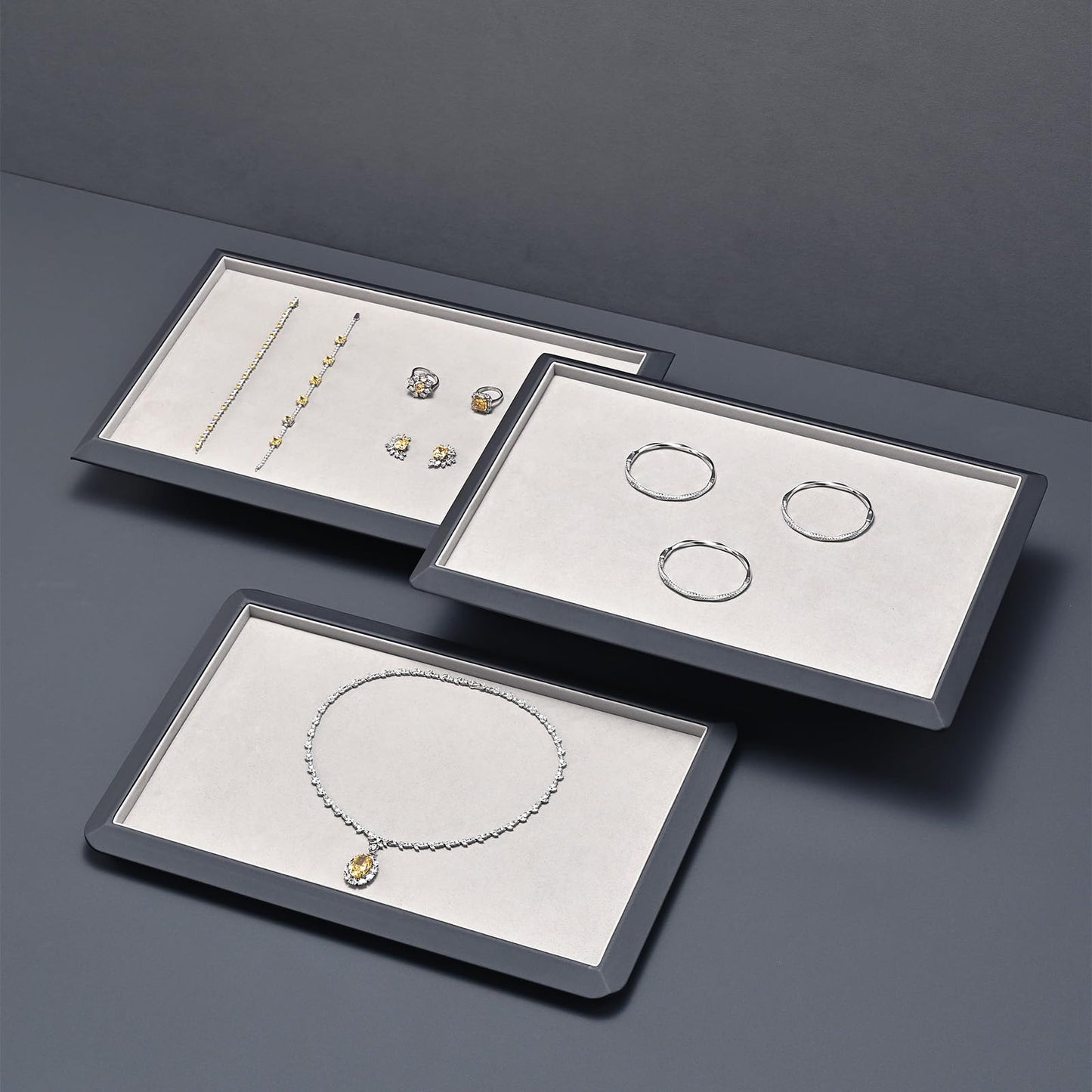 Oirlv Gray Leather Jewelry Display Tray with Microfiber Lining, Premium Rounded Corner Organizer