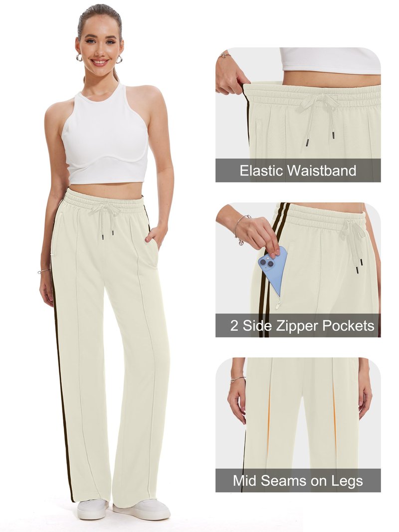 Tapata Tall Women's 34" Inseam Casual Pants Track Athletic Sweatpants Warm Up Loose Side Stripe Street Slacks, Beige, XXL