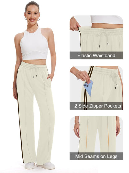 Tapata Regular Women's 30" Inseam Casual Pants Track Athletic Sweatpants Warm Up Loose Side Stripe Street Slacks, Beige, S