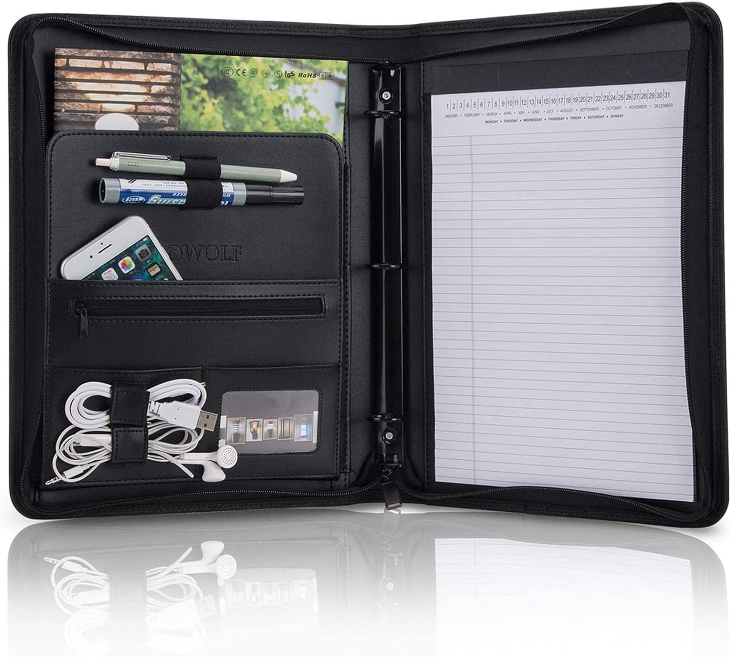OOWOLF Padfolio Portfolio Folder, PU Leather Professional with Round Ring Binder 8.5 x 11 Inch Writing Pad Tablet Sleeve Interview Resume Document Organizer Business Card Holder Zippered Closure