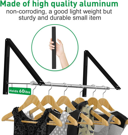 Anjuer Retractable Clothes Rack - Wall Mounted Folding Clothes Hanger Drying Rack for Laundry Room Closet Storage Organization, Aluminum, 2 Racks with Rod (Black)