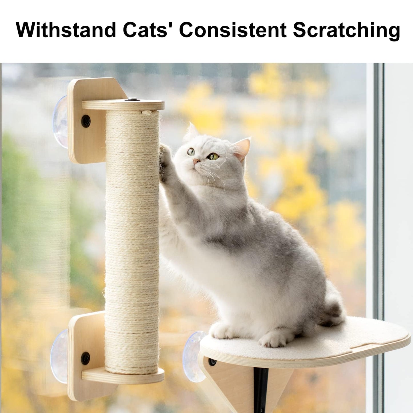 MEWOOFUN Window Perch Hammock with Climbing Steps and Scratching Post - Wooden Window Mounted Cat Bed (3 Pcs Cat Climber Set)