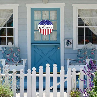 Welcome Wreath Sign for Farmhouse Front Porch Decor Patriotic Welcome Sign 12Inch Wooden Seasonal Decor Hanging Present