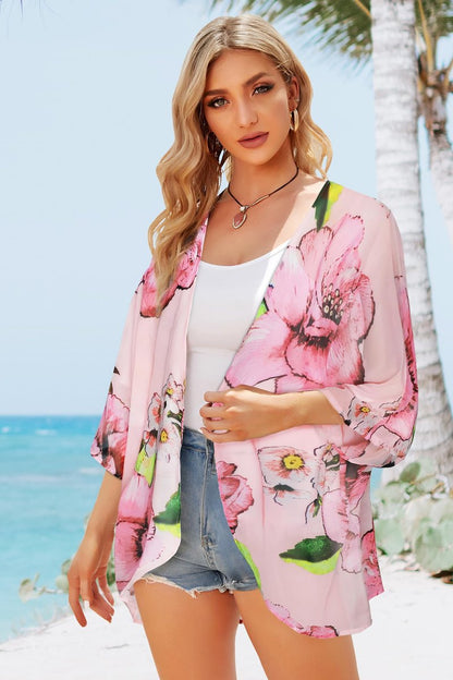 Women Summer Kimono Cardigan Sheer Beach Cover ups Chiffon Loose Casual Open Front Swimwear Shirts (Rose Pink,2XL)