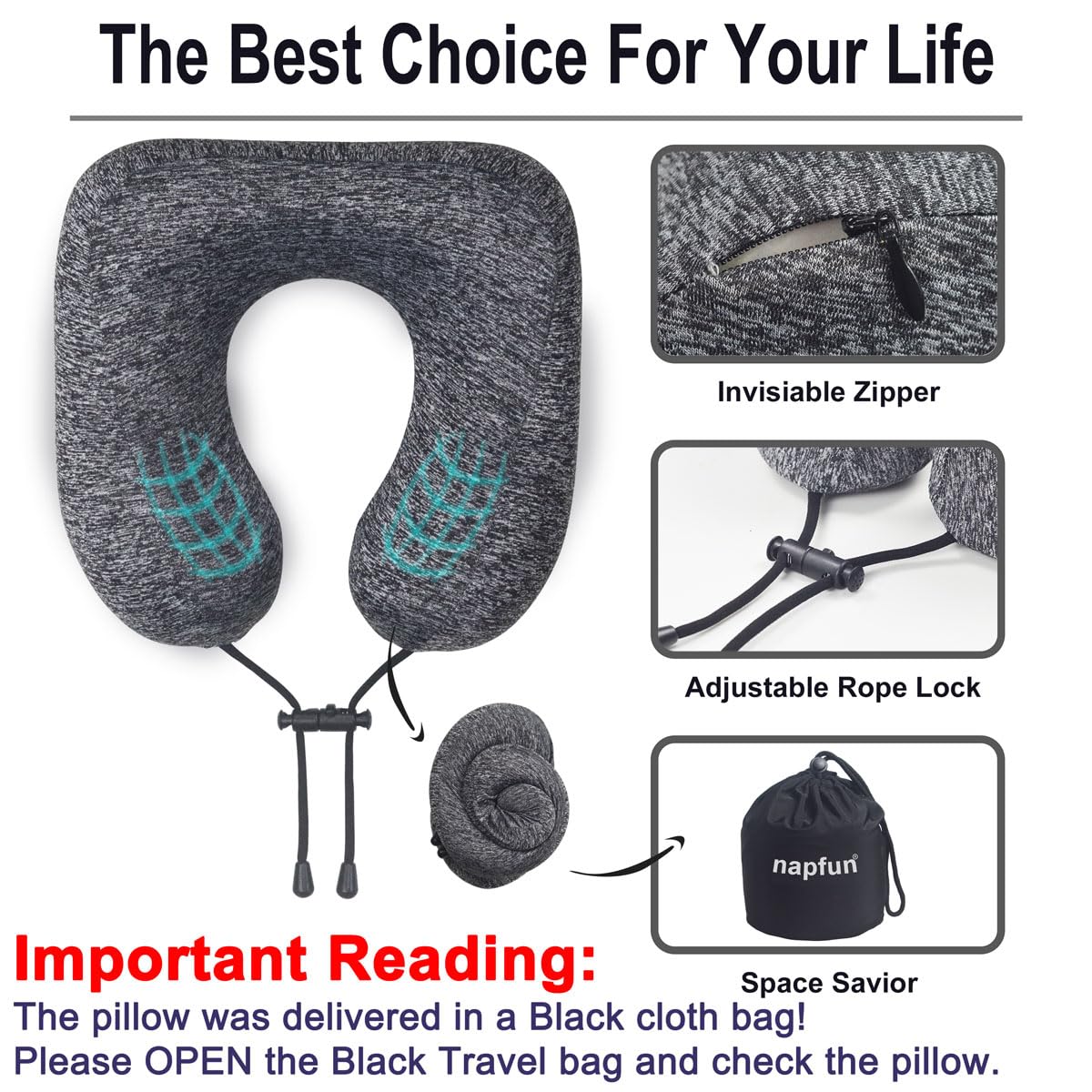 napfun Neck Pillow for Traveling, Upgraded Travel Neck Pillow for Airplane 100% Pure Memory Foam Travel Pillow for Flight Headrest Sleep, Portable Plane Accessories, Light Grey