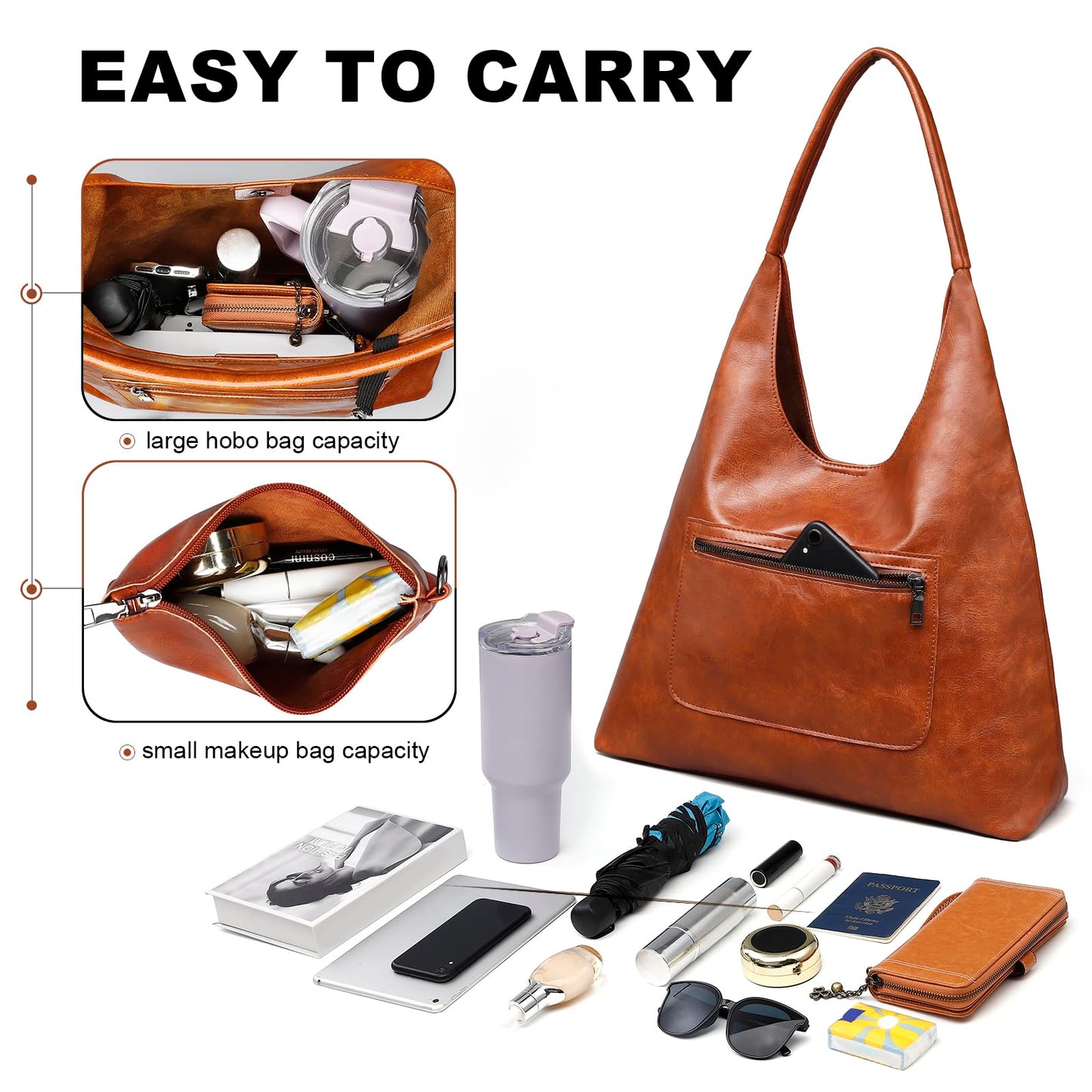 Hobo Bags for Women Retro Vegan Leather Womens Slouchy Large Tote Bag Shoulder Purses Handbag, brown