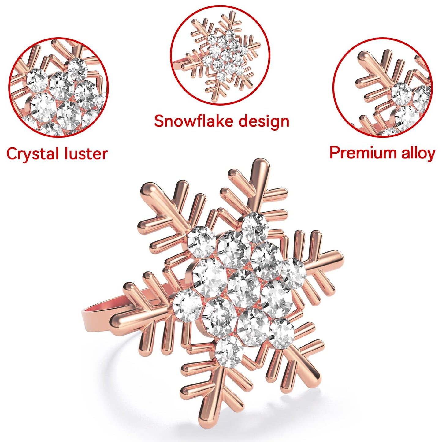 ZeeDix Christmas Snowflake Napkin Rings Set of 12- Rose Gold Rustic Dinner Tables Setting Decoration for Wedding Receptions, Christmas Holiday Party Dinner Parties