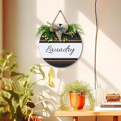 Laundry Door Sign Laundry Room Wood Hanging Signs for Front Door With Wreath And Bow Farmhouse Rustic Vintage Round Plaque for Washer And Dryer Room Wall House Decoration 12 Inch