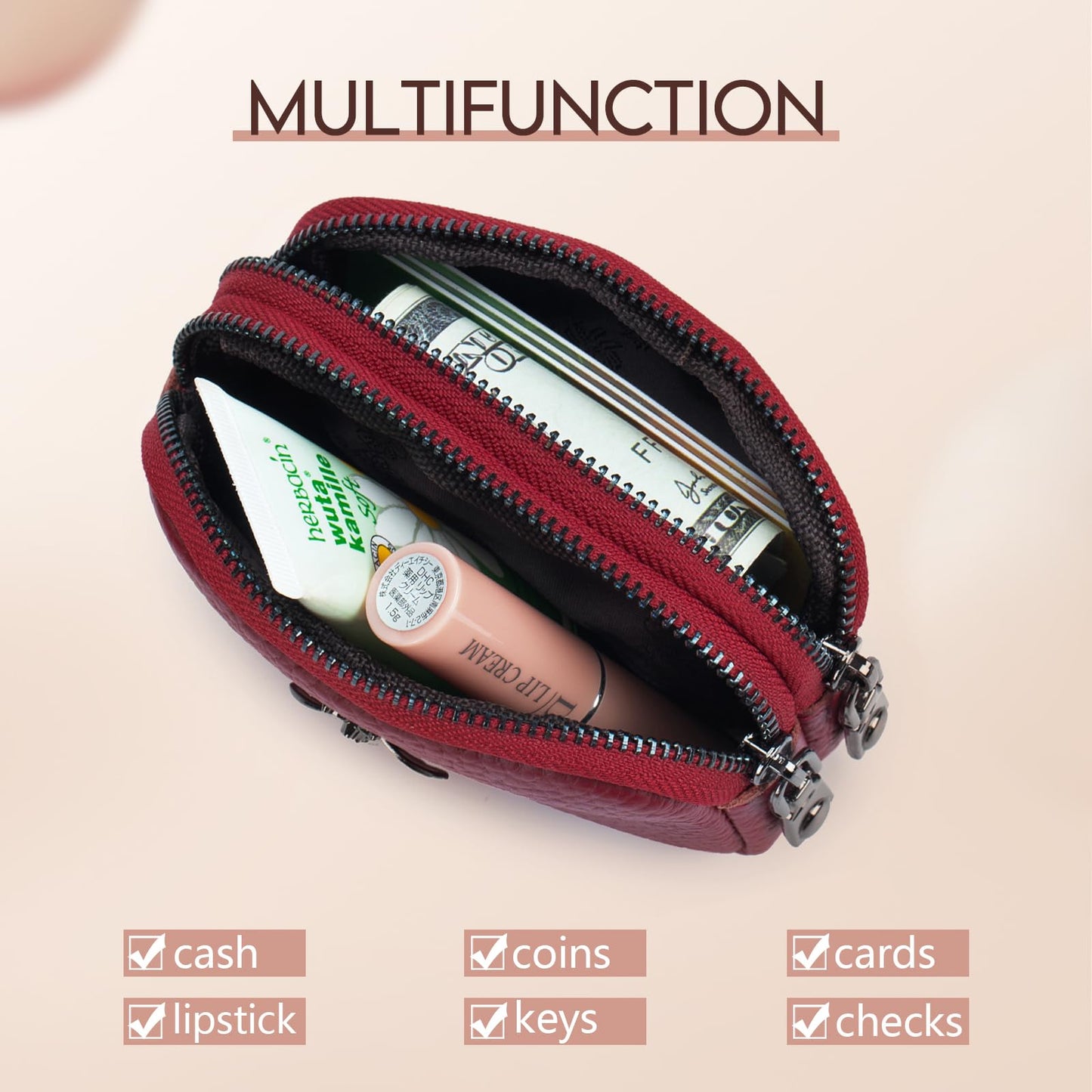 imeetu Women Leather Coin Purse, Small 2 Zippered Change Pouch Wallet(Red)