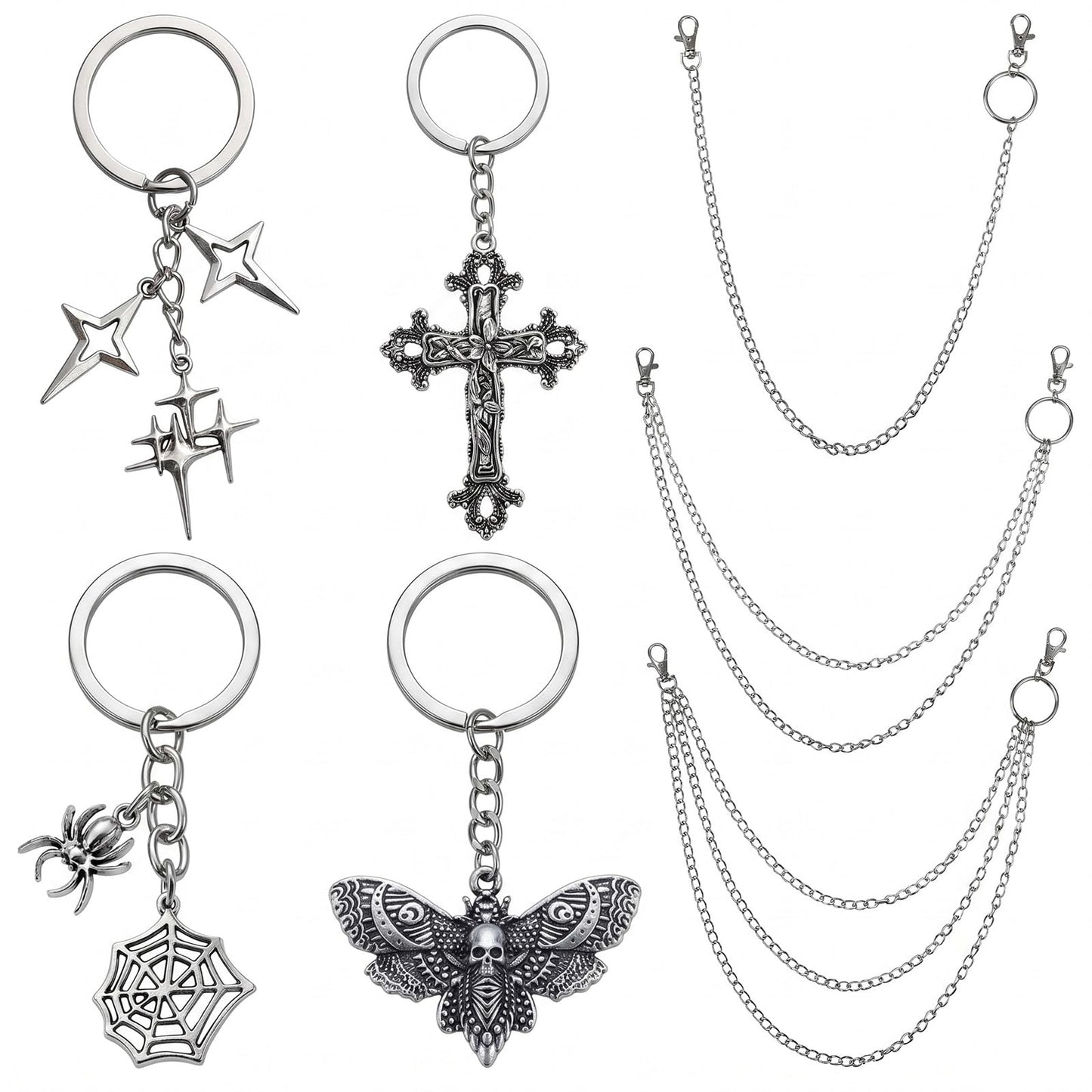 Thrist Punk Jeans Chains Keychain Set - 7 Pieces Y2K Goth Grunge EMO Layered Chunky Pants Chain Keychain Set Silver Star Belt Chains Keychains Jewelry Accessory for Women Men Jeans Bag Pocket Wallet