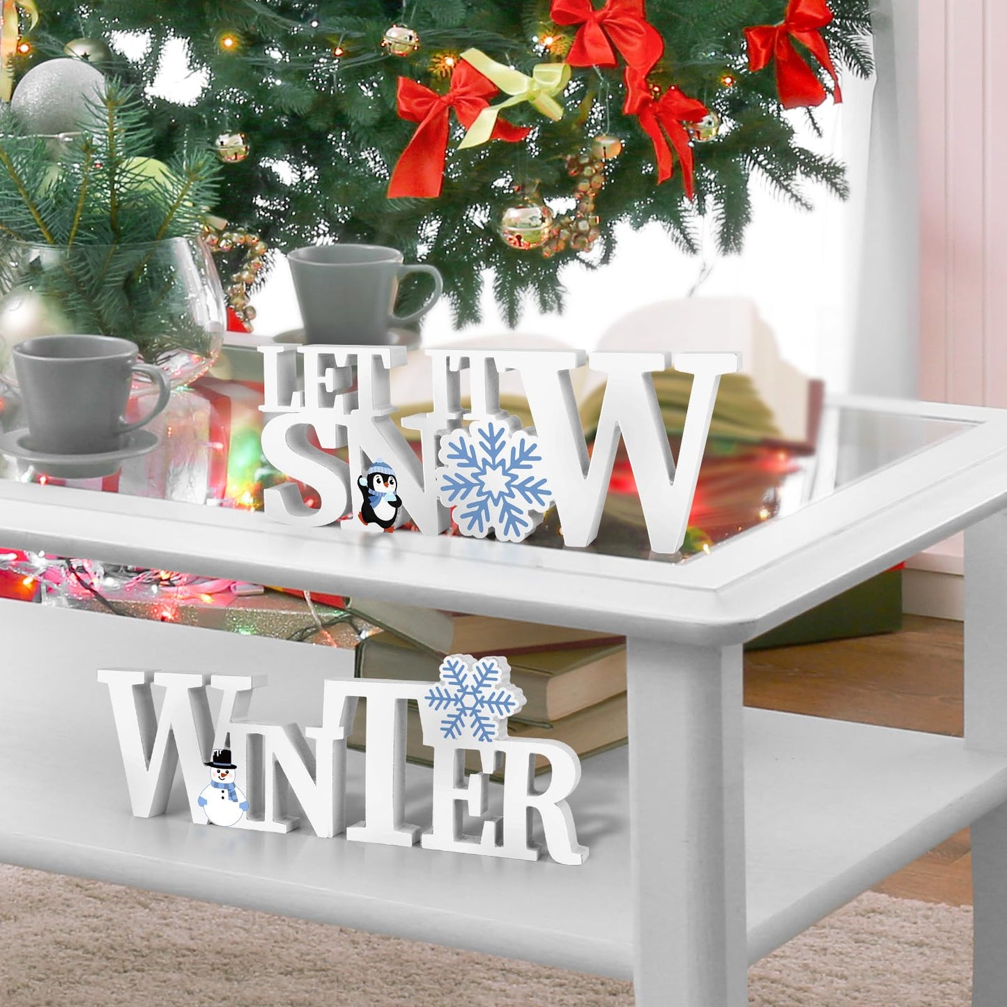 COCHIE Wooden Winter Let It Snow Sign, Snowflake Winter Decorations for Home, Office, Shelf, Mantel, Indoor, Blue White Wood Table Top Party Decor (White)