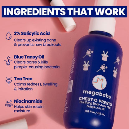 Megababe Chest-o Presto | Clarifying Body Acne Mist | Benzoyl Peroxide Free | 3.8 fl oz