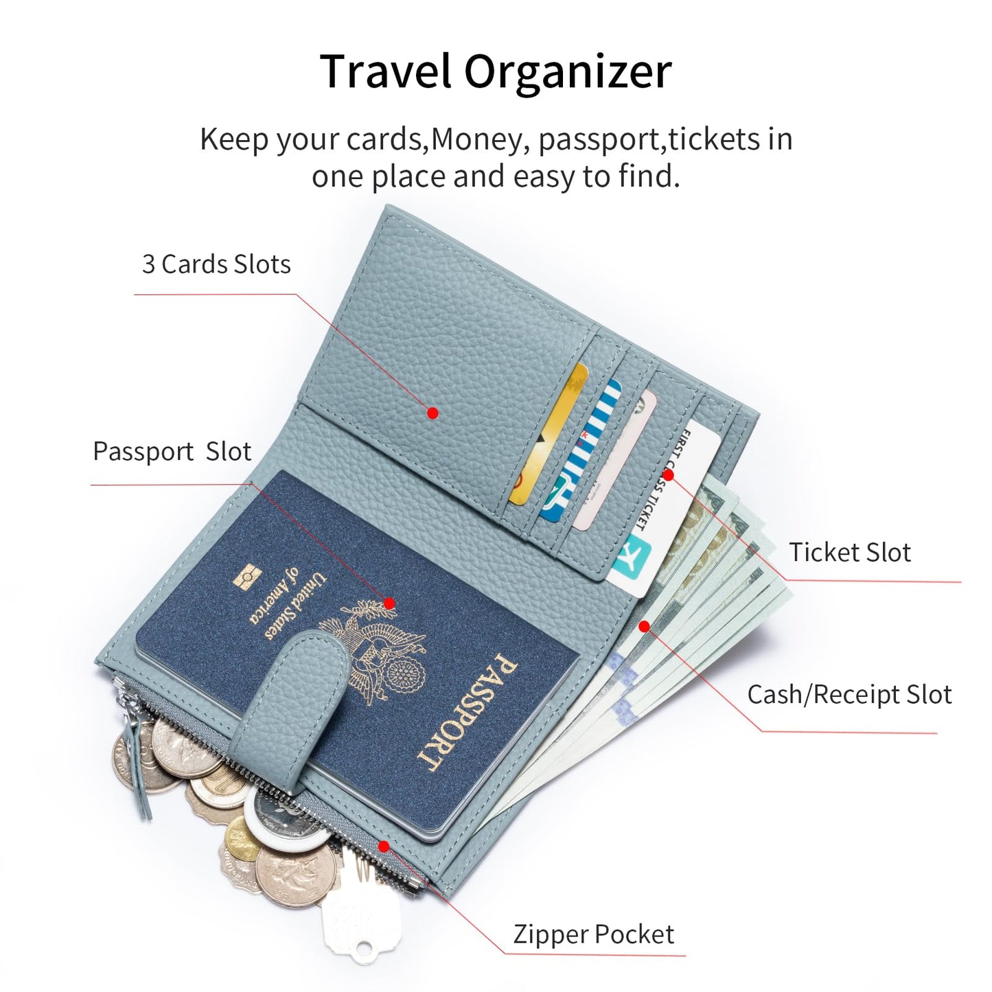 ilovever Passport wallet and Card Slot Combo RFID Blocking Slim Leather Travel Passport Wallet for Men and Women with Zippered Coins Pocket Passport holder,LightBlue