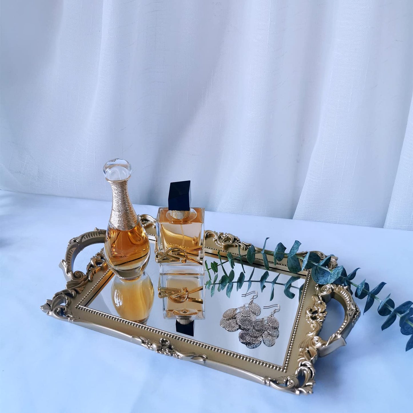Yamfurga Small Rectangle Decorative Mirror Tray, French Style, Makeup Organizer, Jewelry Organizer, Serving Tray, 13"x 7.8", Gold