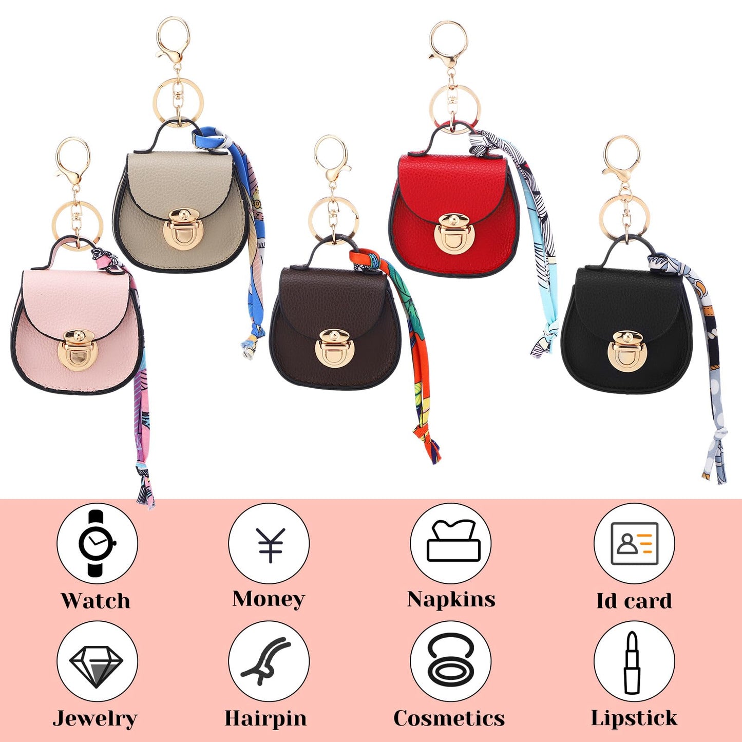 Liliaafar 5 Pcs Mini Backpack Keychain Mini Coin Purses for Women Cute PU Leather Makeup Bag with Keychain, Multi Pocket Card Holder Cable Organizer Giftable Zipper Pouch (Saddlebag)