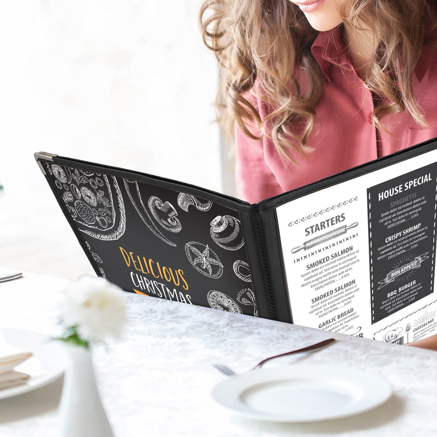 Henoyso 20 Pcs 8.5 x 11 Inch Menu Covers 4 Page 8 View Transparent Restaurant Covers Book Fits A4 Size Paper, Bar Cafe Clear Menu Holder Folder with Leatherette Trim and Decorative Corners, Black
