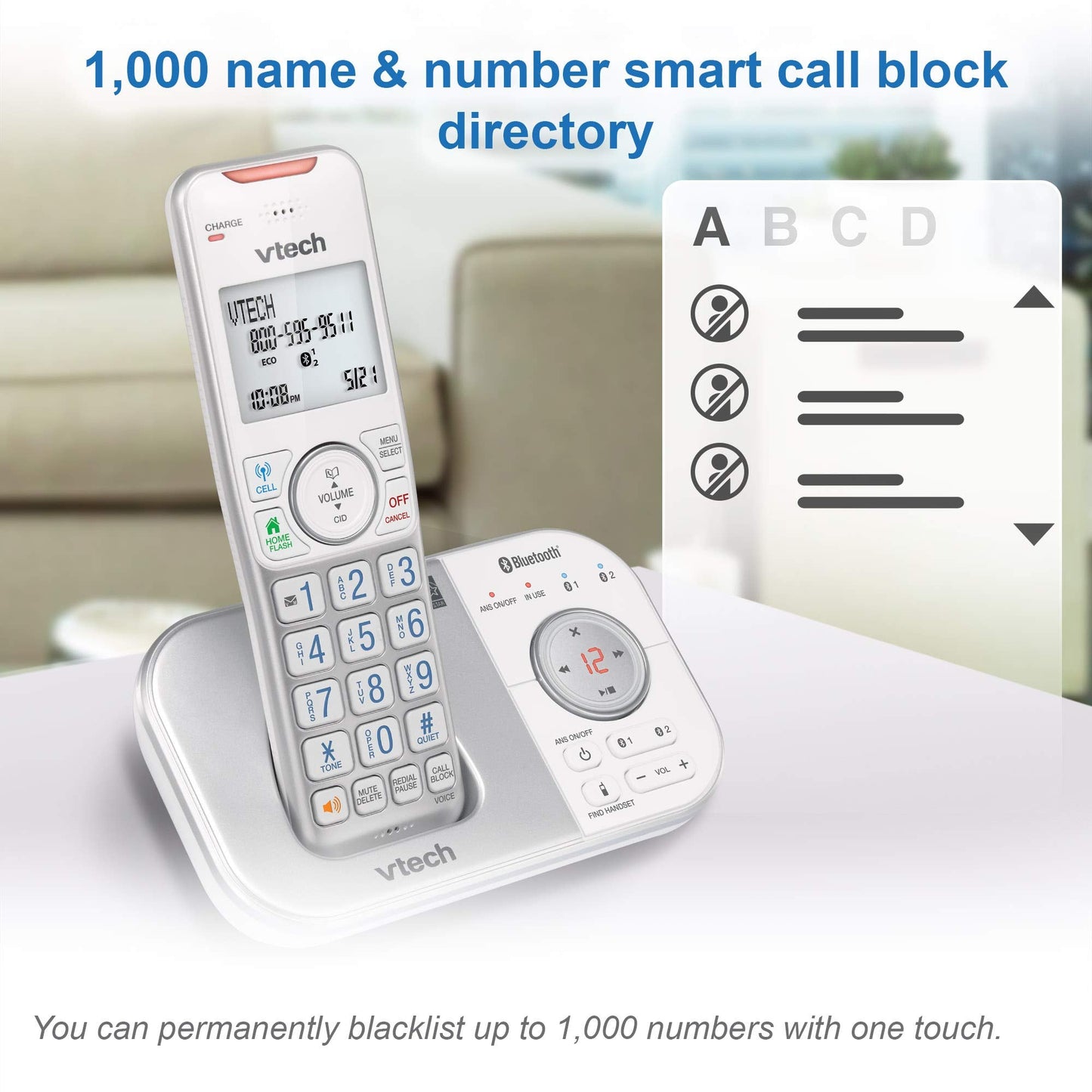 VTech VS112-4 Bluetooth 4 Handset Cordless Phone for Home with Answering Machine, Call Blocking, Caller ID, Intercom and Connect to Cell