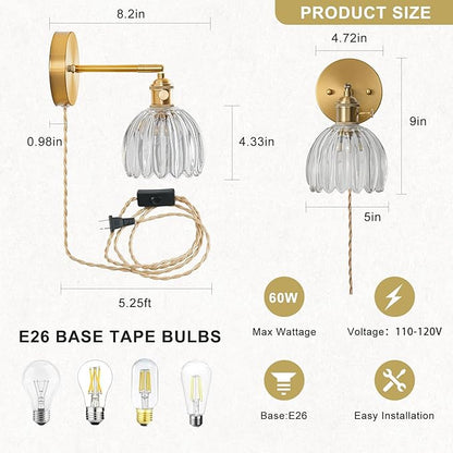 Plug in Wall Sconces Set of 2, Vintage Wall Sconce with Tulip Transparent Glass Lampshade, 180° Adjustable Wall Sconce with Switch and Plug in Wall Lamp Cord, Gold Wall Light Wall Decor Set of 2