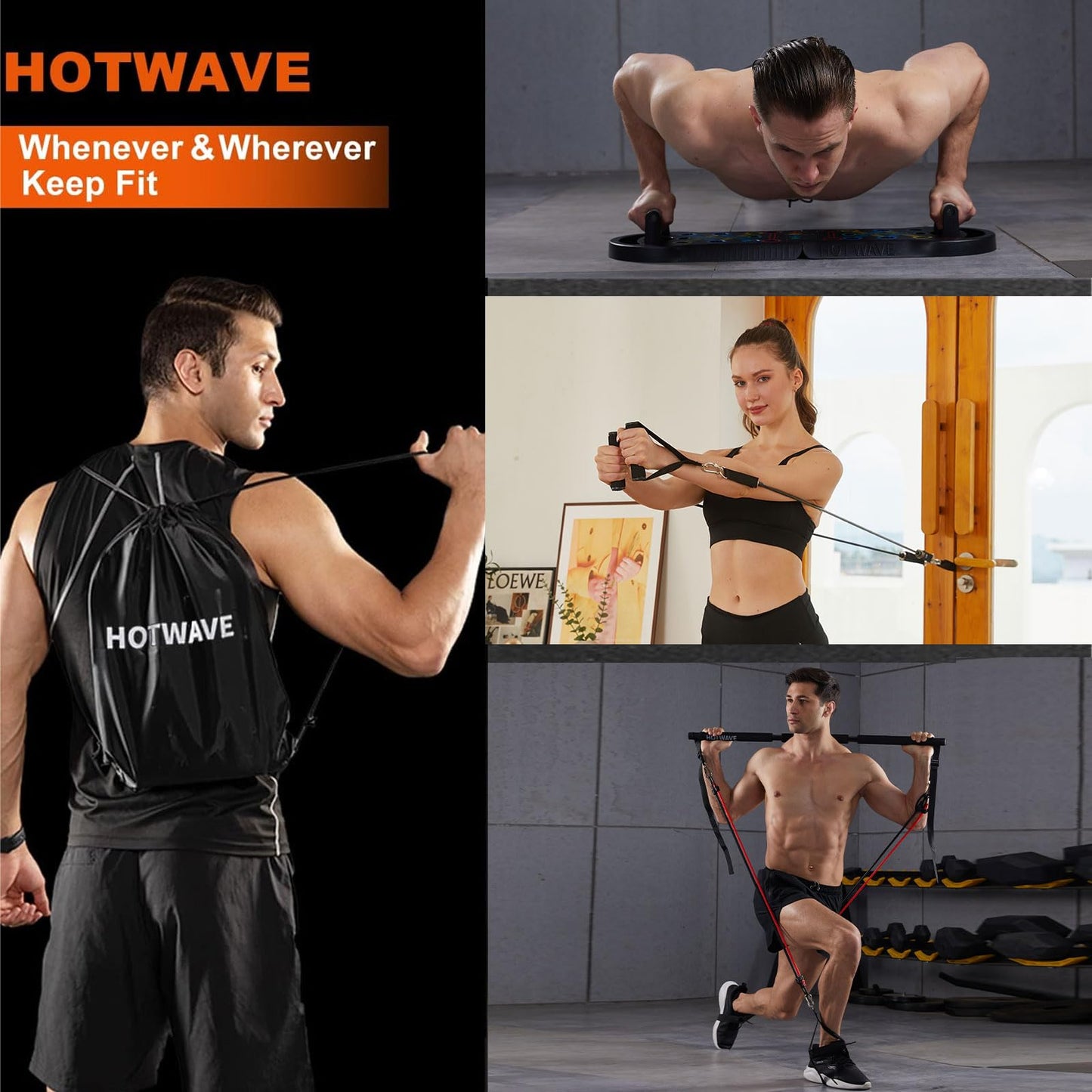 HOTWAVE Portable Exercise Equipment with 16 Gym Accessories.20 in 1 Push Up Board Fitness,Resistance Bands with Ab Roller Wheel,Full Body Workout at Home