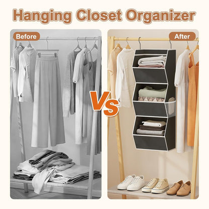 Hanging Closet Organizer 3 Shelf Collapsible Bedroom Closet Organizers and Storage Hanging with Mesh Pocket for Clothes, Closet Hanging Organizers and Storage for Fabric Wardrobe Space Saver, Black
