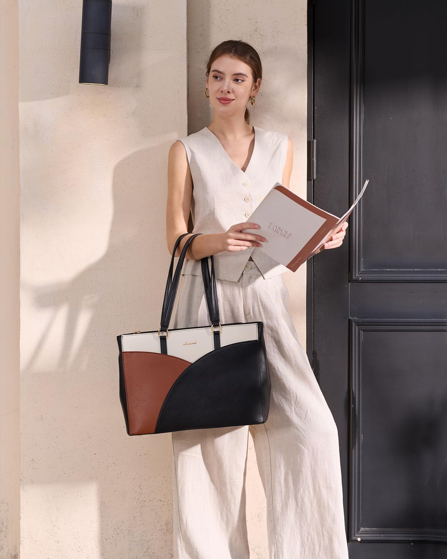 LOVEVOOK Laptop Bag for Women,15.6 Inch Work Teacher Bags Leather Tote Bag Briefcase Waterproof Computer Bag for Women，Black-White-Brown