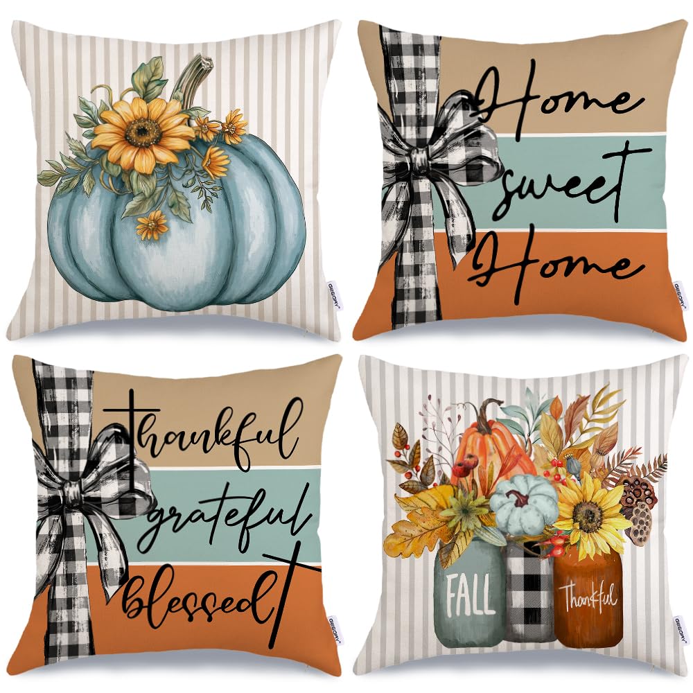 GEEORY Fall Blue Pumpkin Sunflower Buffalo Plaid Pillow Covers 18x18 Set 4
