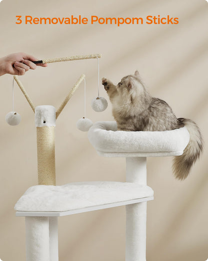 Feandrea Cat Tree with Litter Box Enclosure, 2-in-1 Modern Cat Tower, 55.1-Inch Cat Condo with Scratching Posts, Removable Pompom Sticks, Cloud White UPCT113W01