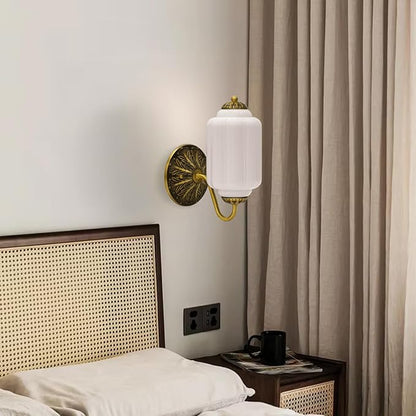 Vintage Mike White Glass Wall Sconce - Milk Glass Shade Antique Brass Indoor Wall Light for Bedroom, Living Room, and Hallway