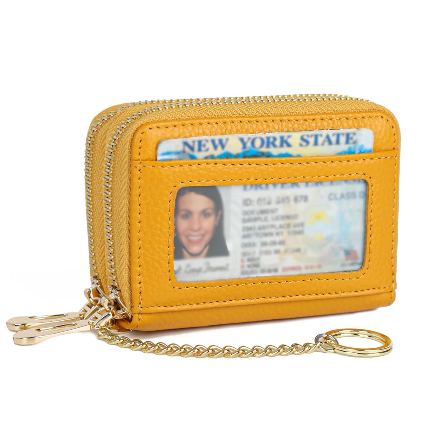 imeetu RFID Credit Card Wallet, Genuine Leather Zipper Card Case Holder with Removable Keychain(Max - Yellow)