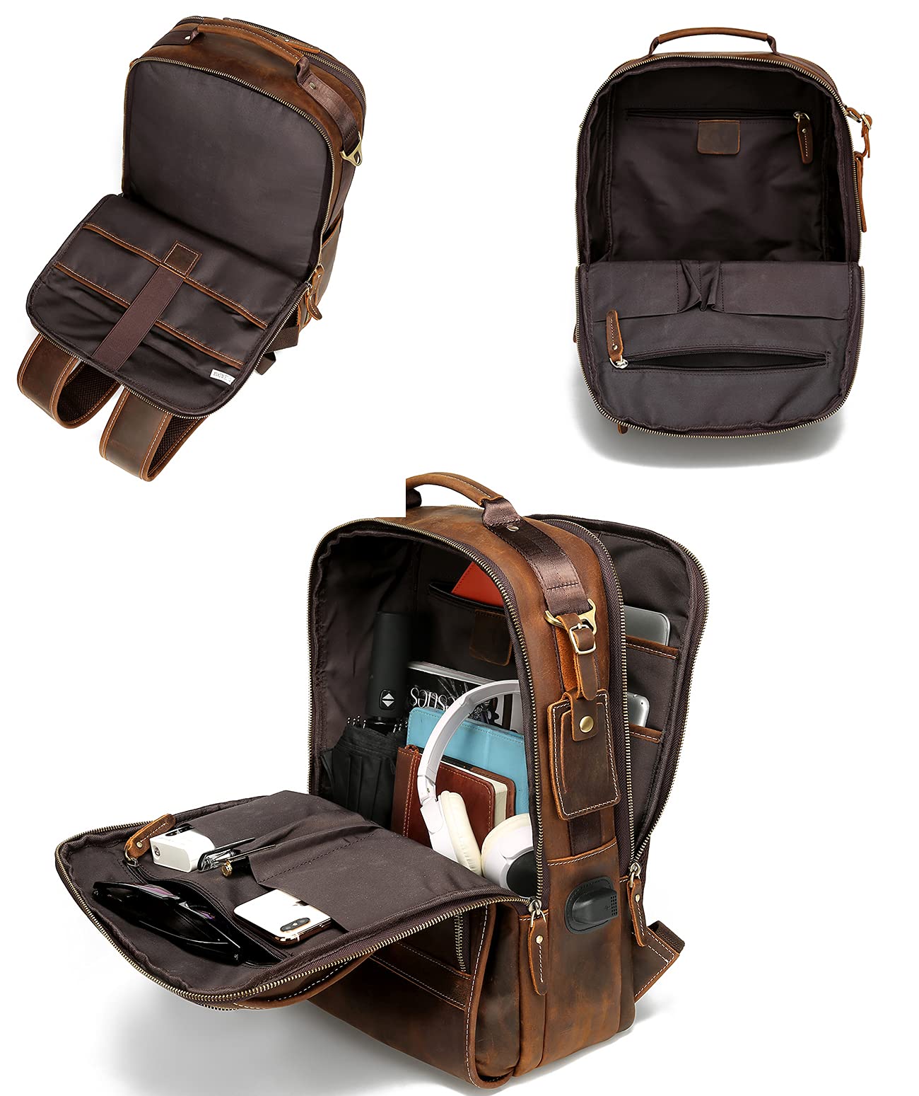 LANNSYNE Vintage Genuine Leather Backpack For Men 15.6 Inch Laptop Bag Overnight Weekender Camping Daypack Rucksack