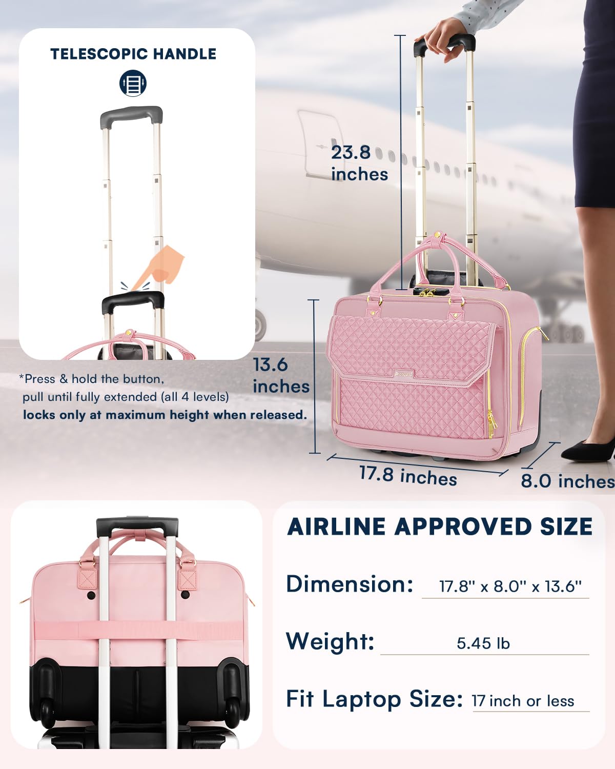 Rolling Laptop Bag Women, Rolling Briefcase for Women for Work, 17 Inch Computer Bag with Wheels, Fashion Flap Laptop Bag With Wheels for Work Business, for Teacher, TSA Friendly Design, Pink