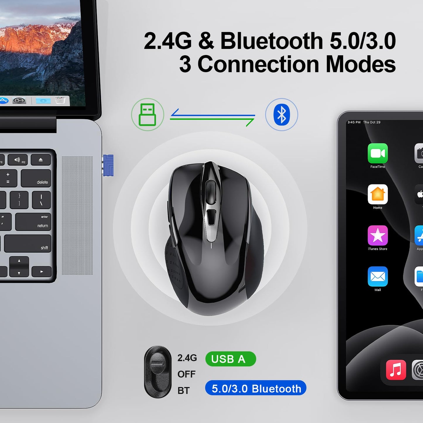 TECKNET Wireless Mouse (BT5.0/3.0 & 2.4G) Rechargeable 4800 DPI Silent USB A & Bluetooth Mouse 6 Buttons, Wide Compatibility - Grey