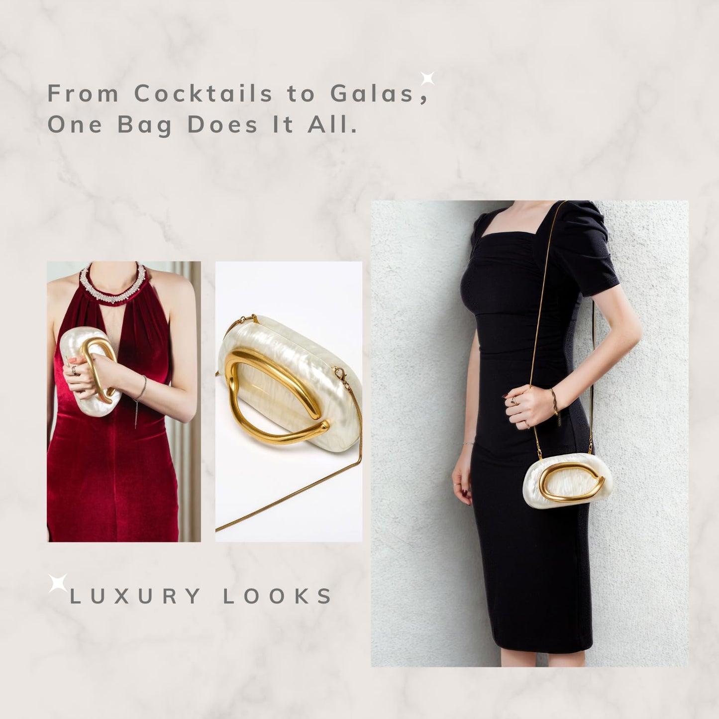 Versatile Clutch Purses for Women with Detachable Chain Pu Leather Handbags Evening Bag Designer Purses Elegant Vintage Gold Clasp Box Bag – Shoulder, Crossbody & Clutch Purse For Wedding Party Prom