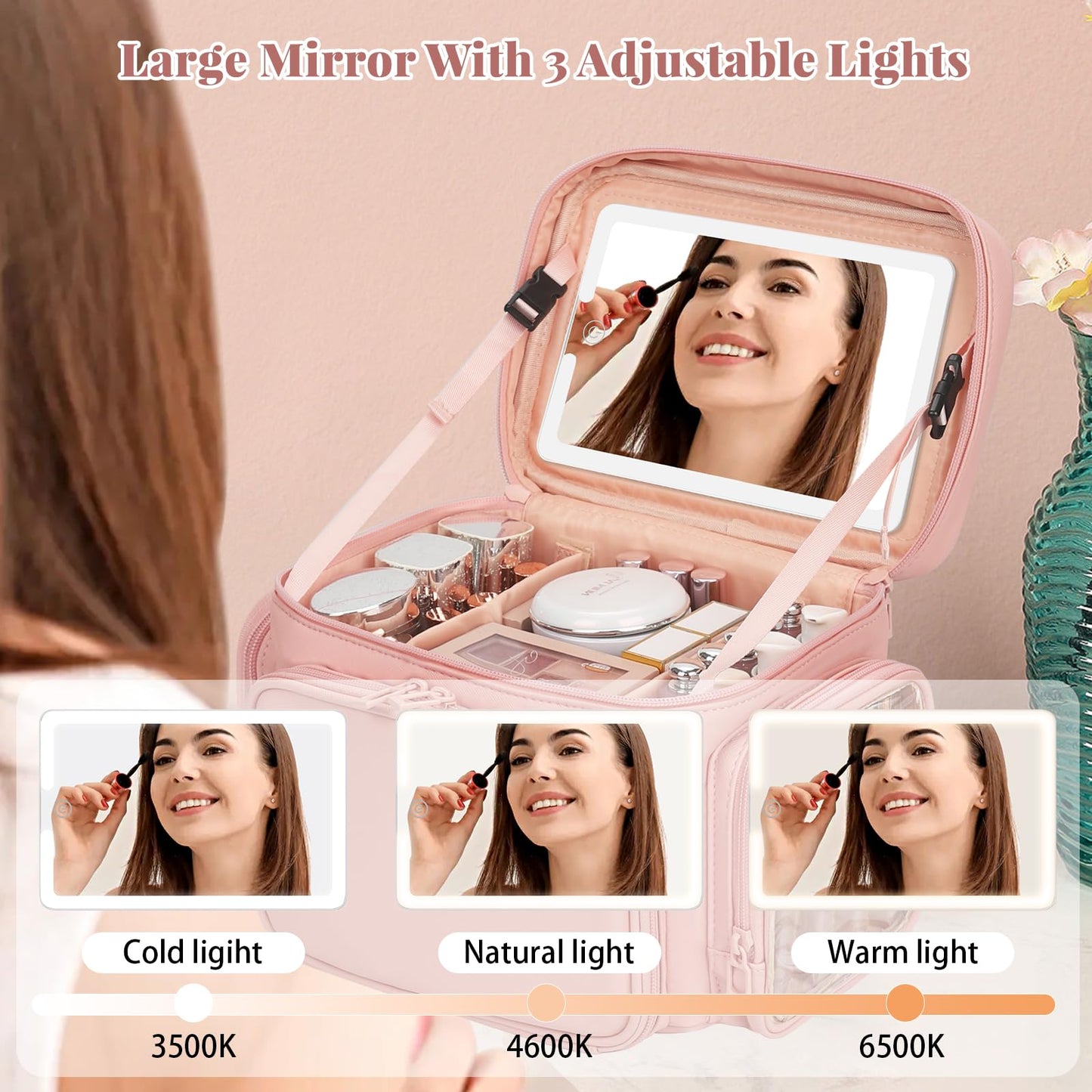 Large Makeup Bag with LED Mirror, Travel Makeup Bag Organizer for Women Girls with Makeup Brush Compartment & Two Side Pockets, 3 Color Lights Cosmetic Toiletry Bag- Leather Pink