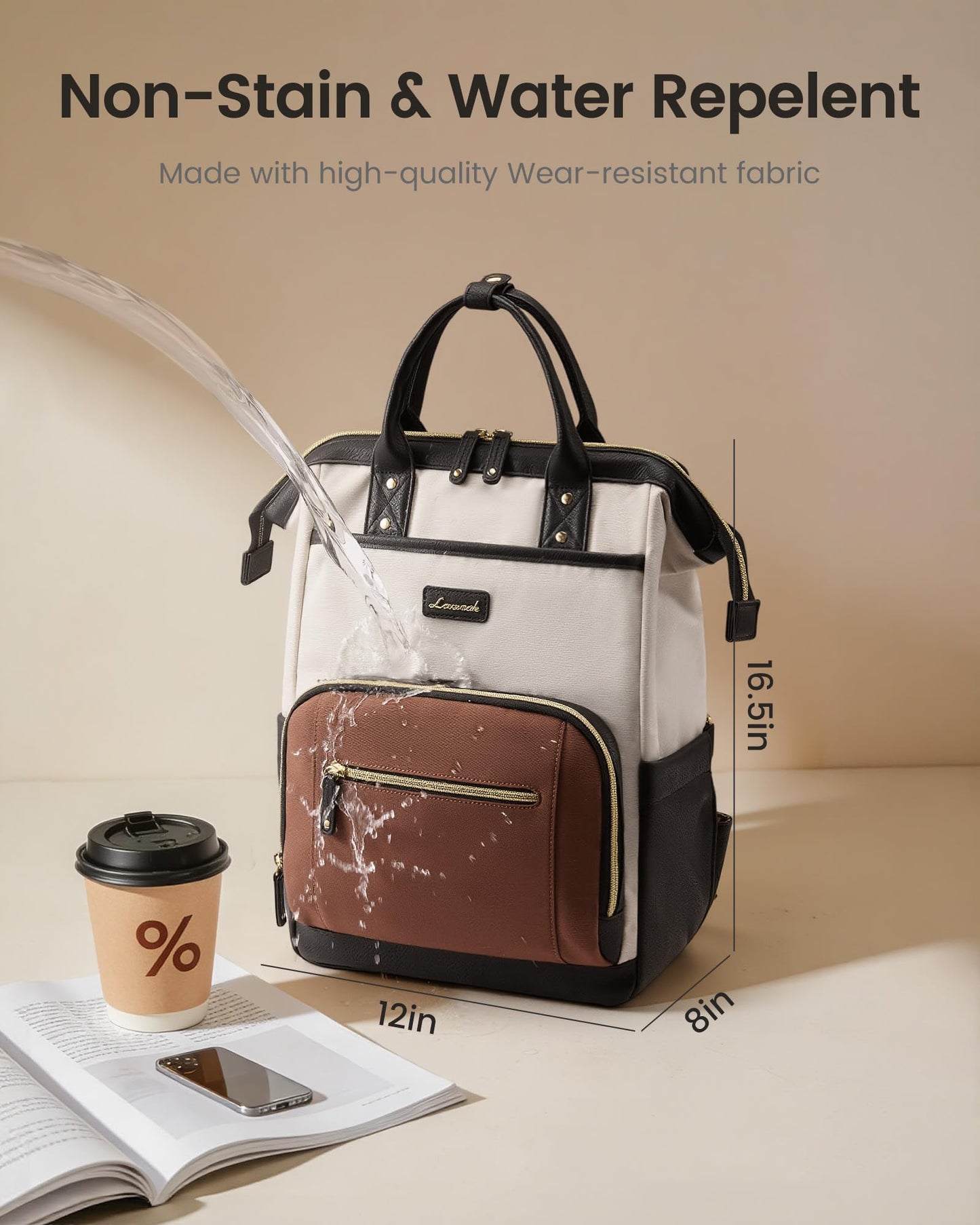LOVEVOOK Laptop Backpack for Women with Giant Tumbler Holder,15.6 inch Professional Nurse Teacher Backpack Computer Laptop Bag,Cute Waterproof Travel Backpack Purse Work College Bag, Beige-Black-Brown