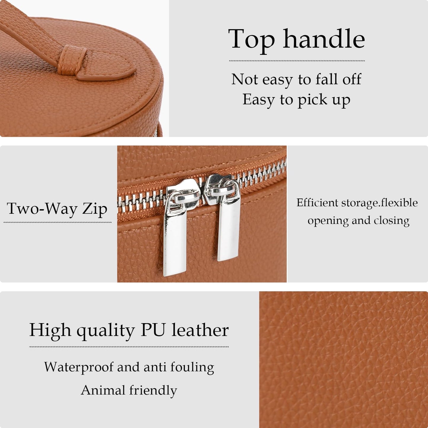 IEMIEBOAMGNOY Leather Make Up Bags With Compartments, Brown travel Cosmetic Bags for Women, Parallel Makeup Travel Bags Organizer Equipped With a Detachable Divider