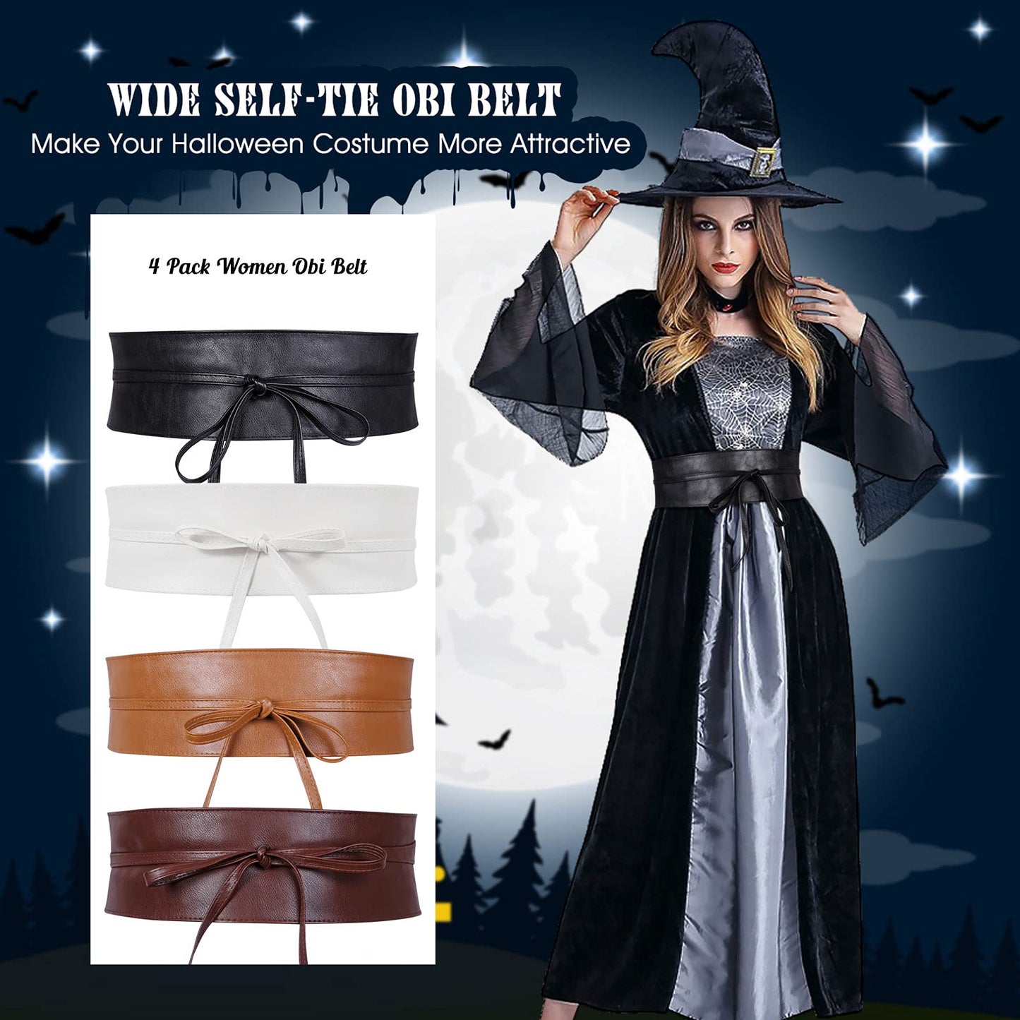 4 Pack WERFORU Women Obi Belt PU Leather Self Tie Wrap Wide Waistband Boho Belt for Costumes, Black+White+Brown+Coffee, Suit for Waist Size 25"-32"