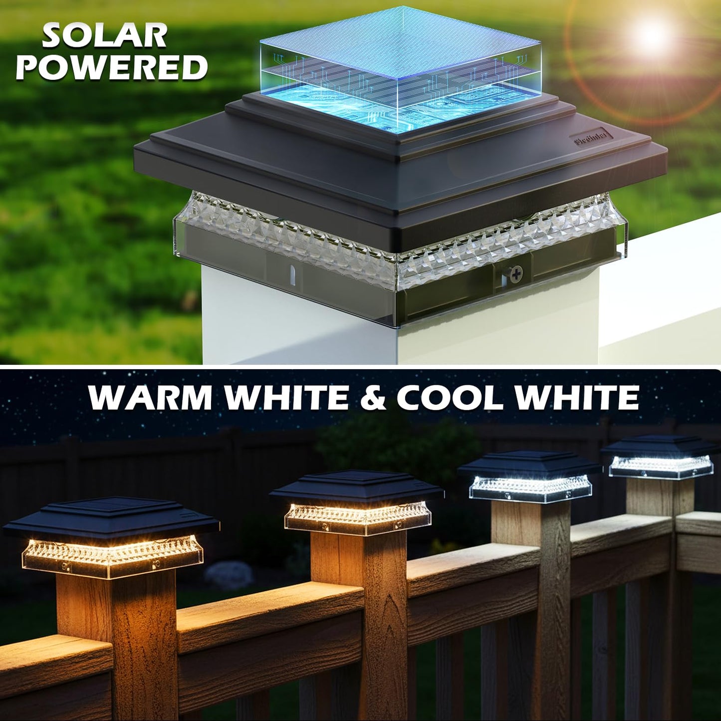 SIEDiNLAR Solar Post Cap Lights, 6 Pack 2 Modes 50 Lumens, 4x4 5x5 Wooden/Vinyl Posts Waterproof Outdoor Lighting for Deck Fence Patio, White/Warm (Black)