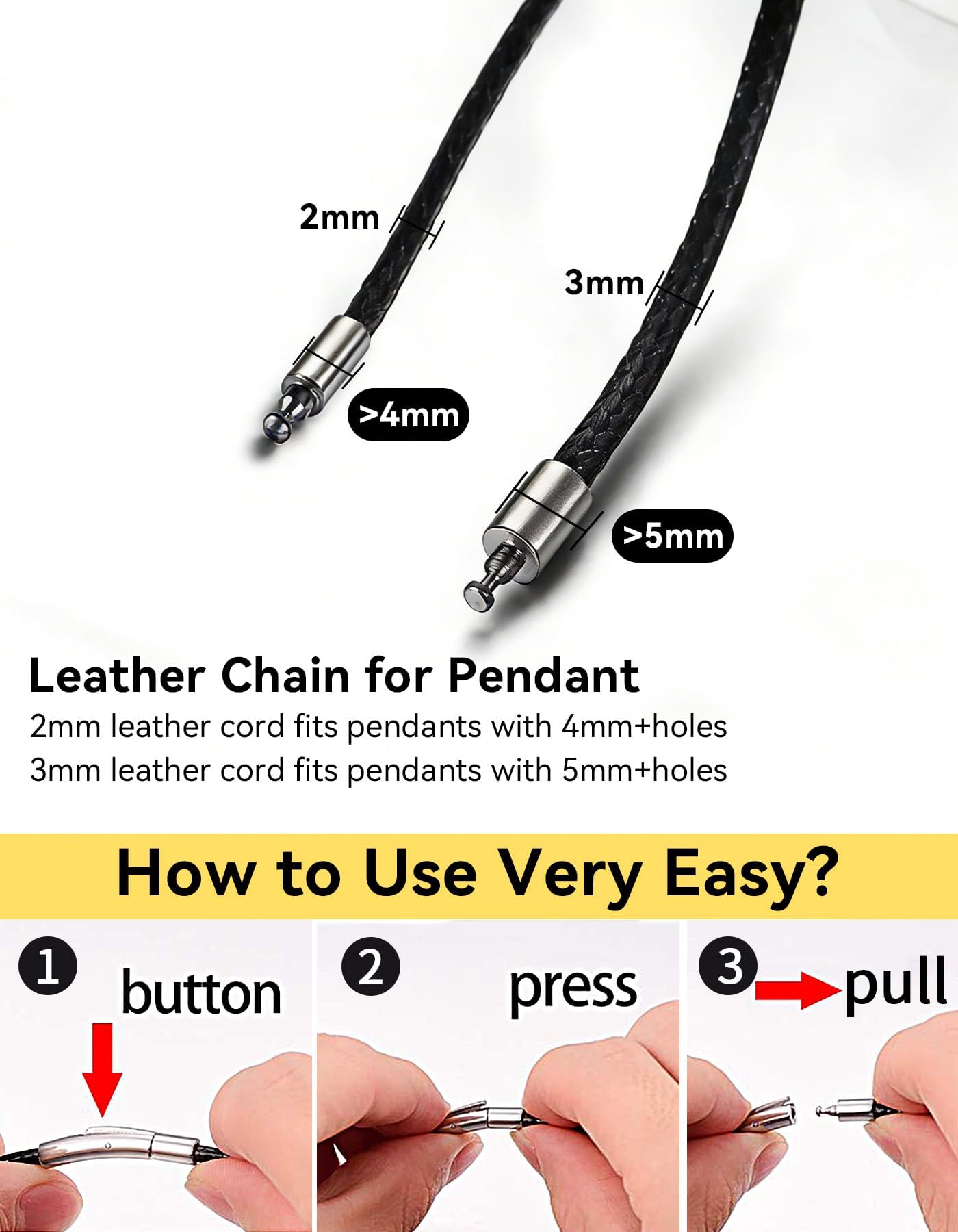 ChainsHouse Mens Leather Necklace, 20 Inches 3MM Black Rope Cord with Stainless Steel Clasp, Waterproof Braided Leather Chain for Pendant Gift Ready