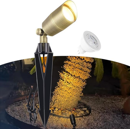 Low Voltage Brass Landscape Light, Solid Outdoor Spotlight with Replaceable MR16 LED Bulb 5W, 2700K Warm White, 12V 24V Landscape Lighting, Waterproof Design for Garden, Yard