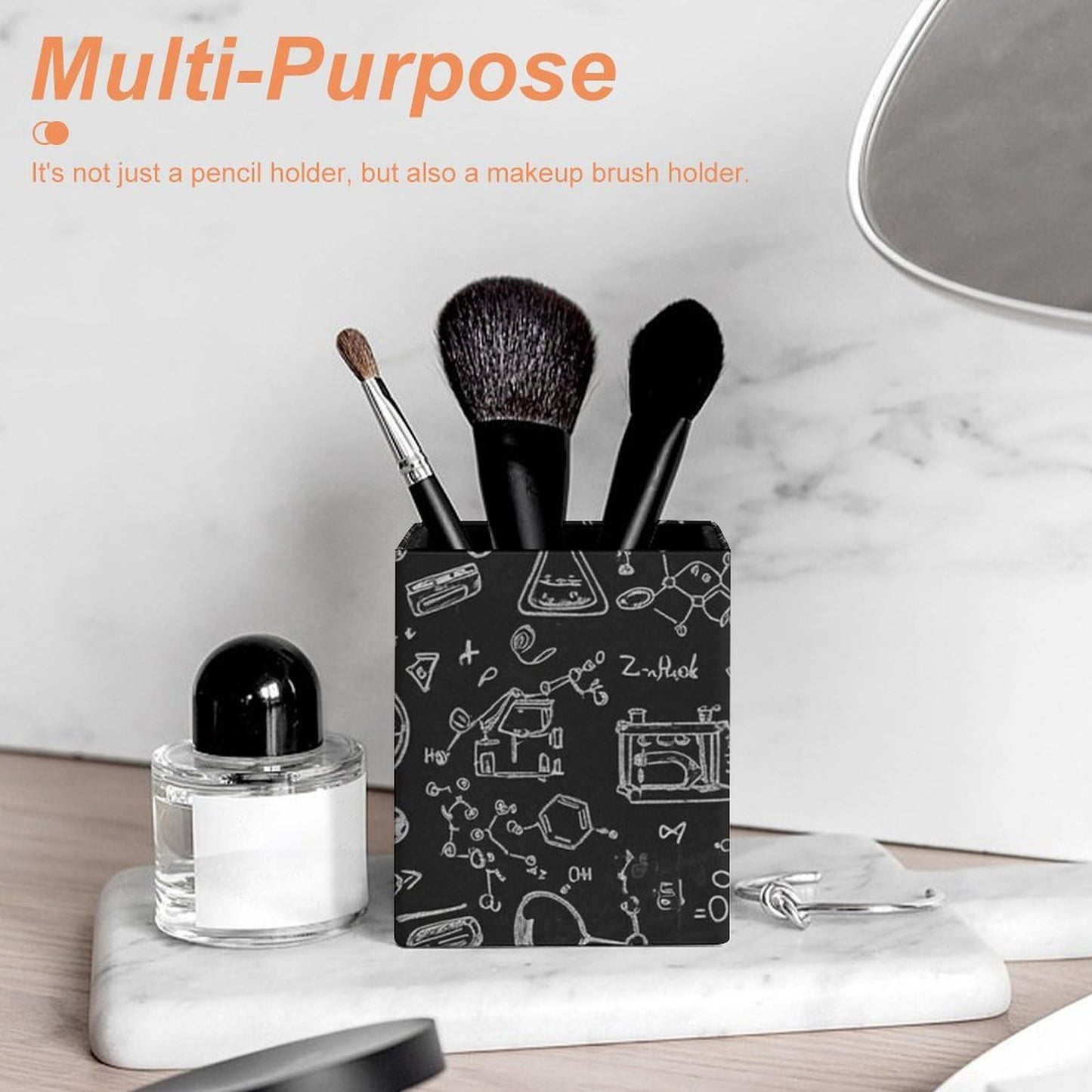 UTRSIFB Pen Holder Square Leather Pencil, Holder Cup Makeup Brush Storage Organizer, Waterproof Multifunctional Office Supplies Chemistry Formula