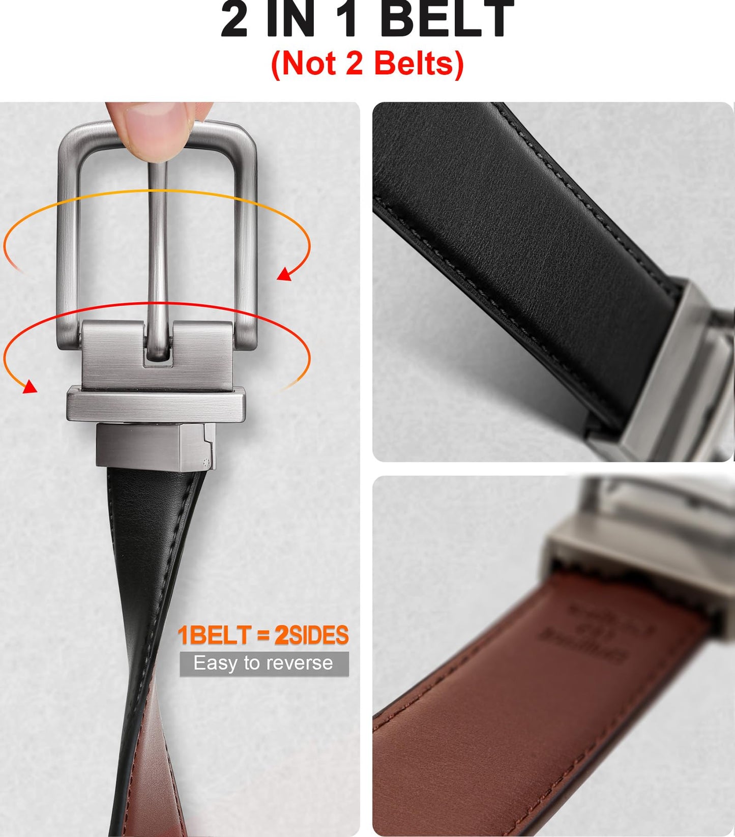 BULLIANT Men's Belt,Reversible Belt Adjustable For Gift Men 1.25”-Cut For Fit-2 Sides in 1 Belt(Not 2)(Black/Light Brown,32"-34" Waist Adjustable)