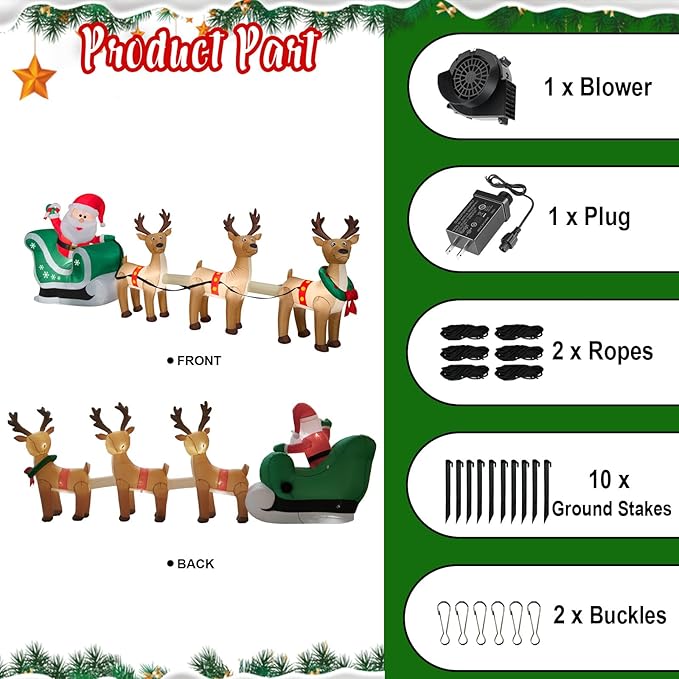 12 FT Christmas Inflatables Santa Sleigh with 3 Reindeer Decorations, Christmas Blow up Santa and Reindeer Inflatable Built-in 8 LEDs for Christmas Inflatable Outdoor Decoration Xmas Party