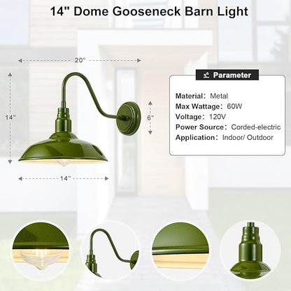 2 Pack Outdoor Gooseneck Barn Light with 14 Inch Dome, Farmhouse Exterior Wall Lights for Porch, Olive Green Patio Wall Lighting for House, Garage