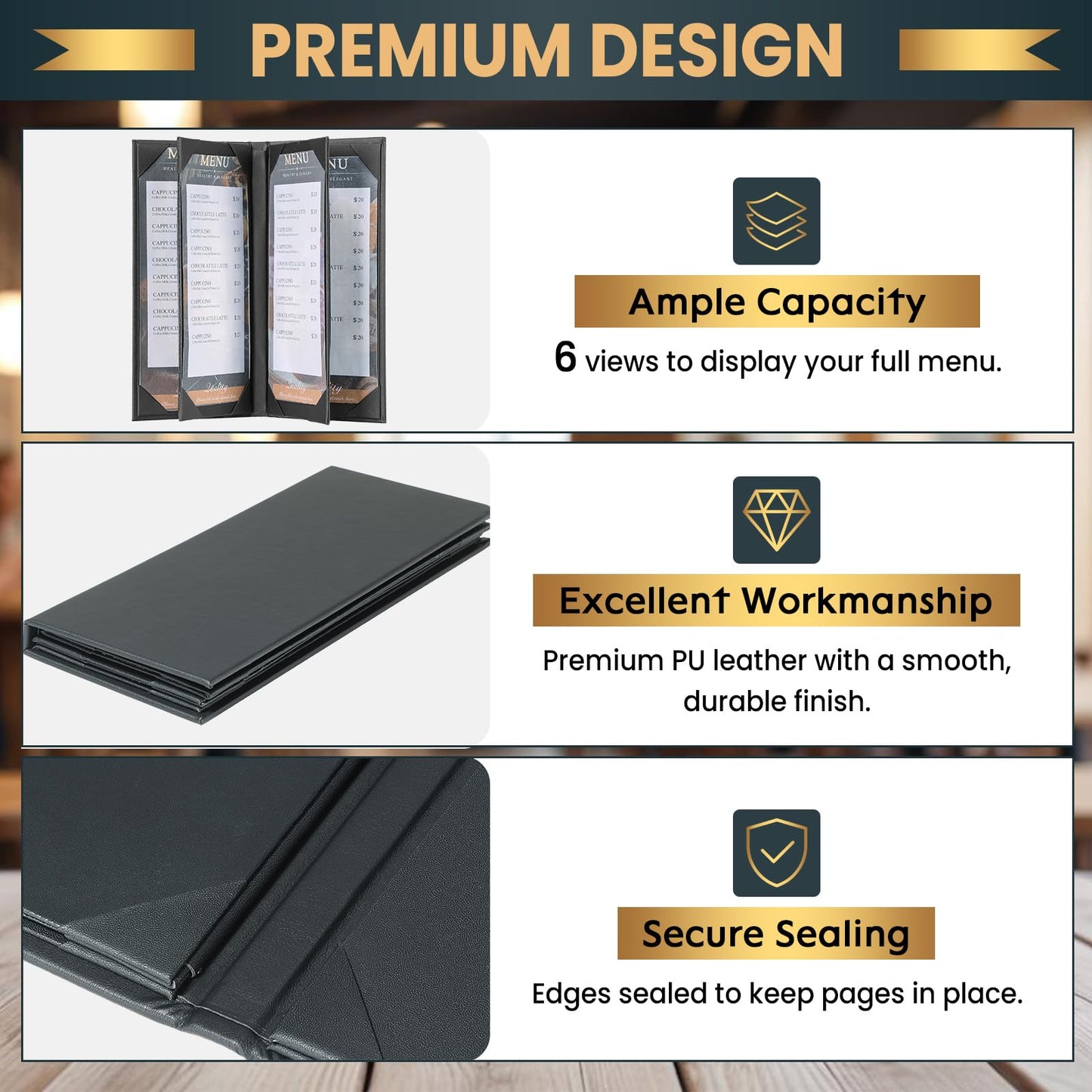 AMGSH 12 Pack 6 View Menu Holder Menu Covers 4.25" x 11" | Black Leather Menu Sleeves Book Style for Restaurant Coffee Bars Wine List