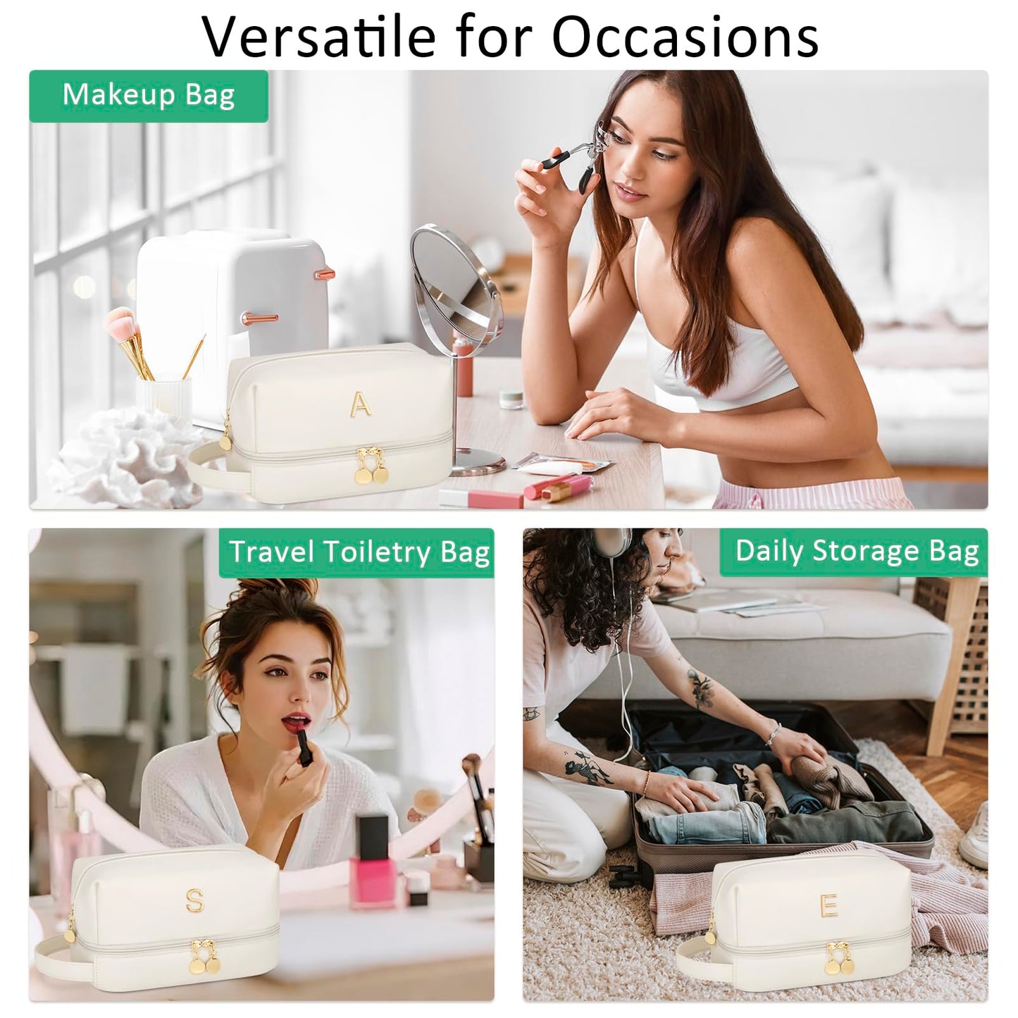 CLOUDWINGS Initial Makeup Bag for Women - Personalized Double Layer Cosmetic Bags with Makeup Brush Organizer, Hanging Travel Toiletry Bag with Large Capacity, Gifts for Mom Girlfriend Wife（Beige,T）