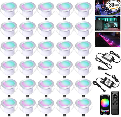 INDARUN Deck Lights Outdoor Waterproof 30 pcs, Φ1.22 RGB Smart 12V Low Voltage LED Recessed Deck Lighting with Remote, Work with Alexa/Google, Outdoor Step Stair Lights for Floor Landscape Lighting
