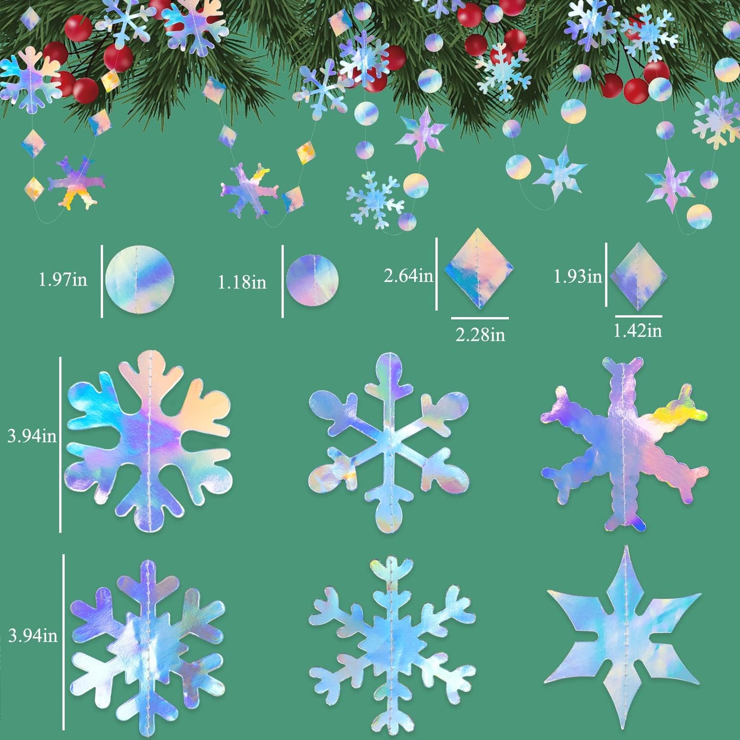 65Ft Winter Wonderland Snowflakes Decorations Iridescent Snowflake Garland- Shimmer Holographic Paper Snowflakes Streamers for Iridescent Party Decor Christmas Frozen Themed Birthday Baby Shower Decor