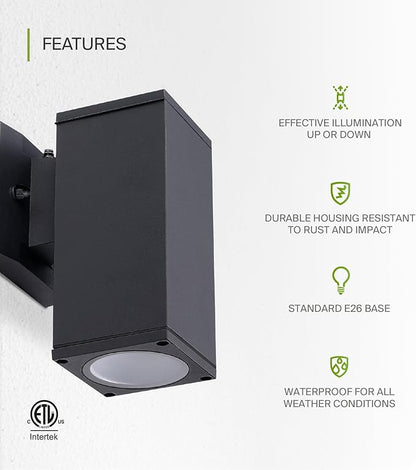 ASD 1 Light Dusk to Dawn Outdoor Wall Light Fixture | 60W E26 Socket 120V ETL Cylinder Up Down Lights | LED/CFL/Incandescent Bulb Exterior Wall Sconce | Front Door, Porch, Patio | Black